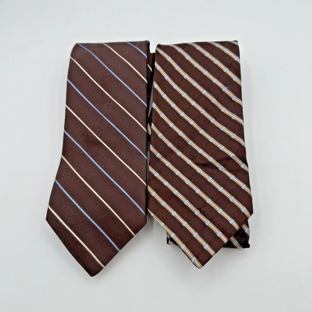 Nautica Tie Lot 2 Mens One Size Brown Blue Stripe‎ 100% Silk Made USA Neckties